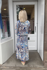 Blue Leopard Print Round Neck Printed Maxi Plisse Dress