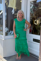 Bright Green Sleeveless Tiered Silky Maxi Dress
