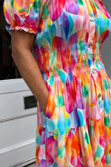 Rainbow Geometric Bardot Printed Midi Dress