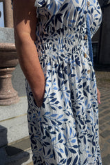Vneck Cobalt And White Leaf Print Midi Dress