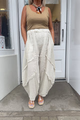 Beige Raw Hem Linen Trousers