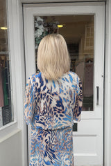 Blue Leopard Print Round Neck Printed Maxi Plisse Dress