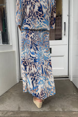 Blue Leopard Print Round Neck Printed Maxi Plisse Dress