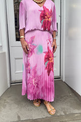Baby Pink Floral Vneck Printed Maxi Plisse Dress