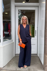 Navy Blue Jay Vneck Sleeveless Top And Trouser Set