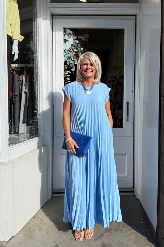 Light Blue Plain Pleated Maxi Dress