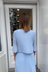 Sky Blue Plain Pastel Vneck Cape Maxi Plisse Dress