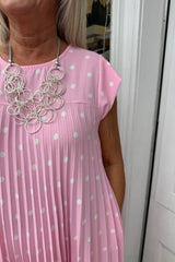 Light Pink Polka Dot Pleated Midi Dress