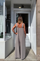 Taupe Wide Leg Jumpsuit With Gold Detail