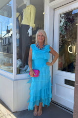 Aqua Sleeveless Tiered Silky Maxi Dress