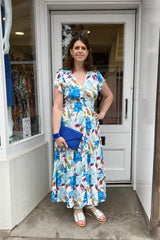 Blue and Purple Floral V-neck Printed Maxi Dress