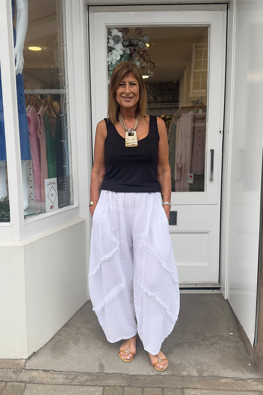 White Raw Hem Linen Trousers