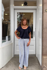White And Navy Blue Candy Stripe Cotton Trousers