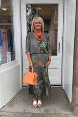 Khaki Green Floral Vneck Printed Maxi Plisse Dress