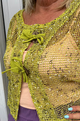 Lime Green Mesh Cardigan Wooden Button Detail