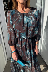 Petra Chocolate Brown and Teal Floral Printed Dress