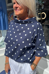 Navy and White Polkadot Cowl Neck Top