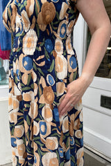 Navy and Beige Circle Bardot Printed Maxi Dress