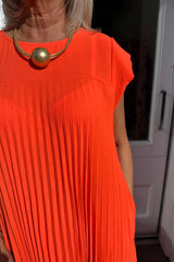 Orange Plain Pleated Maxi Dress