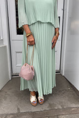 Mint Plain Pastel Vneck Cape Maxi Plisse Dress