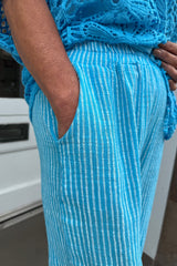 Turquoise And White Candy Stripe Cotton Trousers