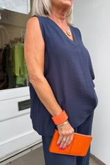 Navy Blue Jay Vneck Sleeveless Top And Trouser Set