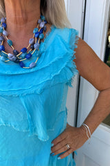 Aqua Sleeveless Tiered Silky Maxi Dress