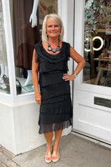 Black Short Sleeveless Tiered Silky Maxi Dress