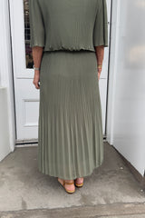 Khaki Green Plain Vneck Maxi Plisse Dress