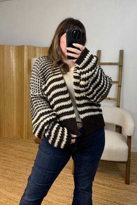 Chocolate Brown And Beige Chunky Balloon Sleeve Cardigan