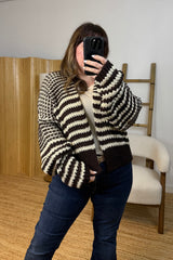 Chocolate Brown And Beige Chunky Balloon Sleeve Cardigan