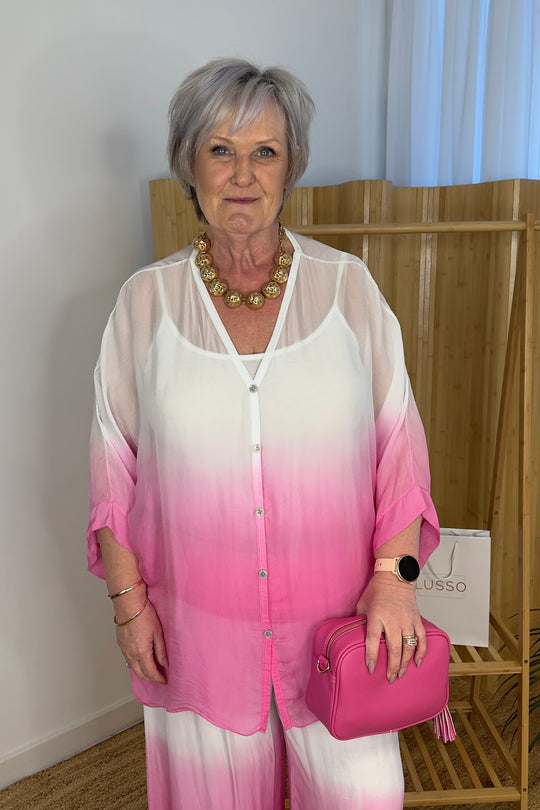 Fuschia Pink Silk Button Through Blouse Dip Dye