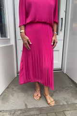 Cerise Pink Plain Vneck Maxi Plisse Dress