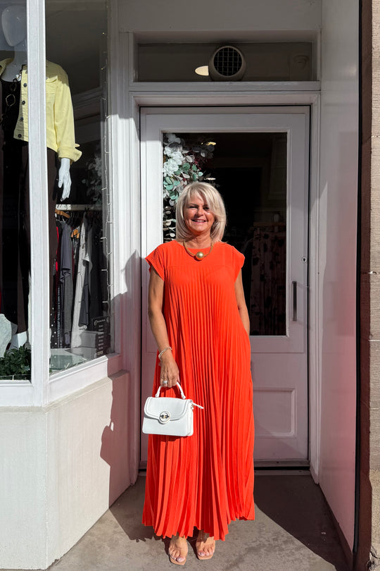 Orange Plain Pleated Maxi Dress