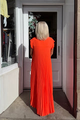 Orange Plain Pleated Maxi Dress