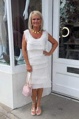 Oyster Short Sleeveless Tiered Silky Maxi Dress
