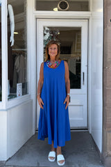 Royal Blue Double Vneck Sleeveless Cotton Dress