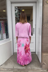 Baby Pink Floral Vneck Printed Maxi Plisse Dress