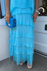 Aqua Overlay Tiered Silky Maxi Dress