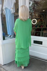 Bright Green Overlay Tiered Silky Maxi Dress