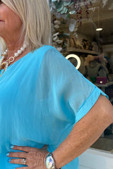 Aqua Overlay Tiered Silky Maxi Dress