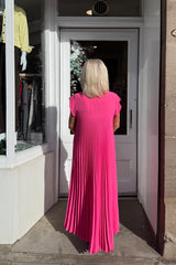 Cerise Pink Plain Pleated Maxi Dress