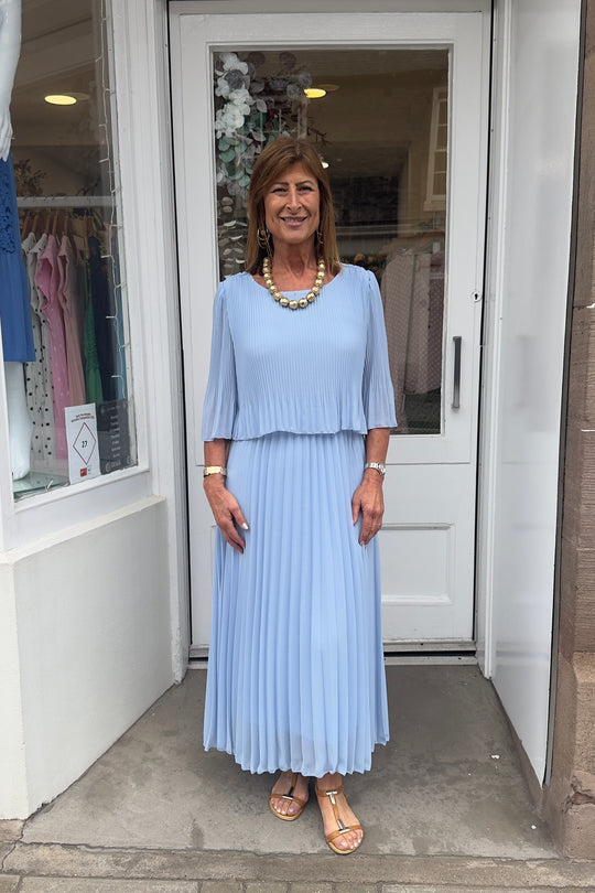 Sky Blue Plain Pastel Vneck Cape Maxi Plisse Dress