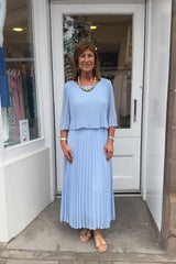 Sky Blue Plain Pastel Vneck Cape Maxi Plisse Dress