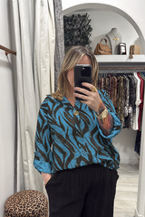 Teal Helen Single Button Tiger Print Top