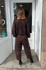 Chocolate Brown Sparkly Flower Embroidered Bubble Hem Blouse