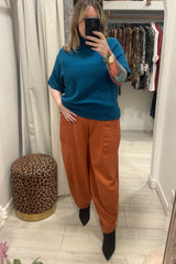 Teal Anna Short Sleeve High Neck Jumper