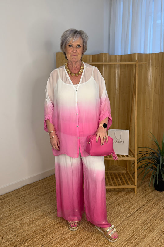 Fuschia Pink Silk Dip Dye Pull On Trousers