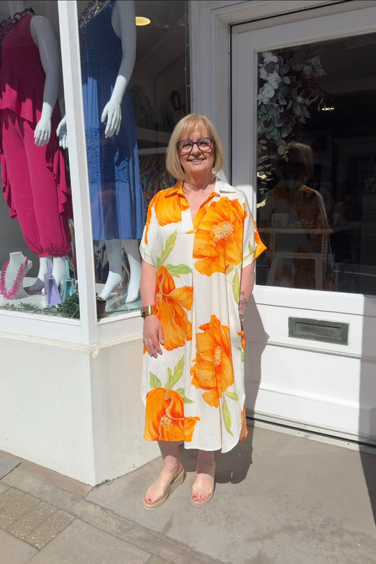 Orange Bloom Oversized Floral Shirt Dress