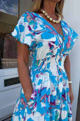 Aqua Mirage V-neck Marble Printed Midi Dress